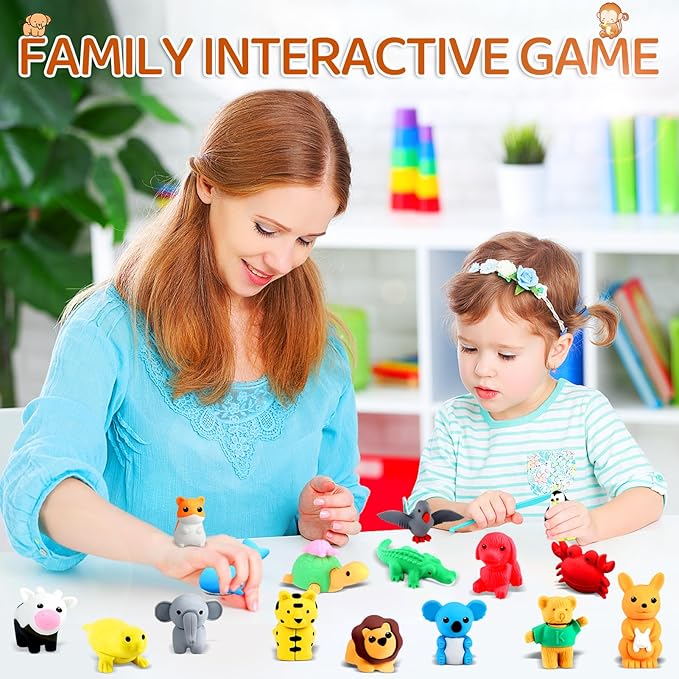 URSKYTOUS 36Pcs Animal Erasers Kids Desk Pets Pencil Erasers 3D Puzzle Bulk Mini Animal Eraser Toys Fun Cute Eraser for Classroom Rewards, Game Prizes, Treasure Box, Easter Egg Fillers