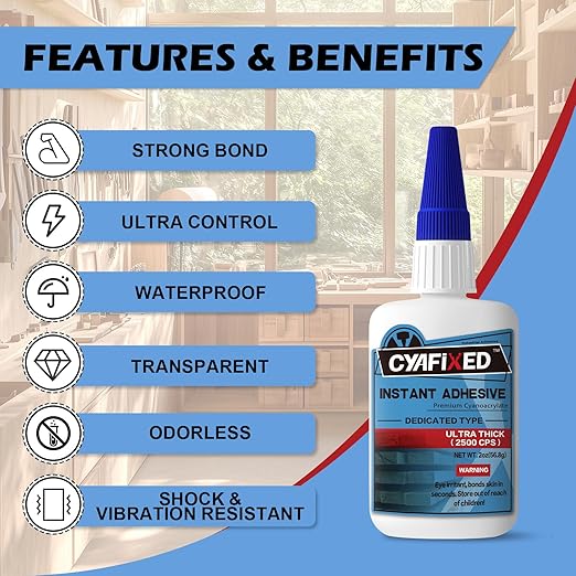 CYAFIXED Professional Grade Cyanoacrylate Super Glue, Ultra Thick Viscosity CA Glue for Woodworking, 2 oz. (56.8 Grams) - Instant Adhesive for Woodworking, Gap Filling, Heavy Duty Wood Bonding