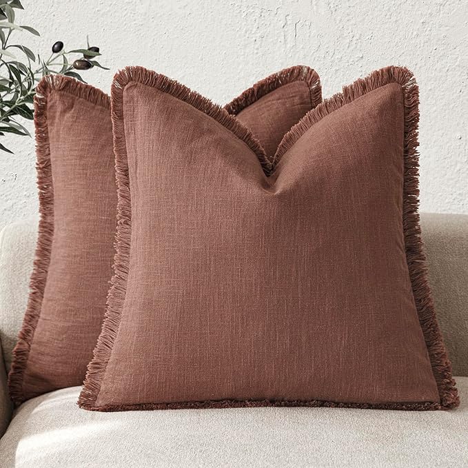 Foindtower Set of 2 Decorative Linen Fringe Throw Pillow Covers Boho Farmhouse Cushion Cover with Tassels Accent Pillowcase for Couch Chair Sofa Bed Living Room Home Decor,16×16 Inch,Rust Red
