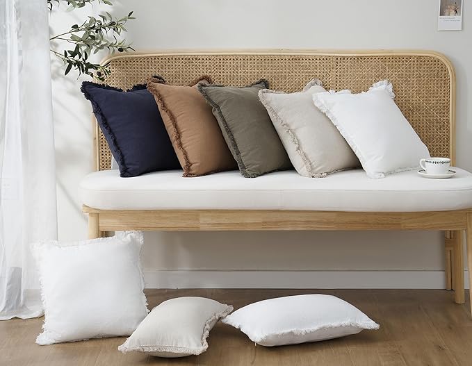 Foindtower Set of 2 Decorative Linen Fringe Lumbar Throw Pillow Covers Boho Farmhouse Cushion Cover with Tassels Cozy Accent Pillowcase for Sofa Couch Living Room Home Decor,12×20 Inch,Natural Beige