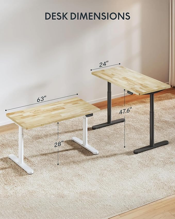 FLEXISPOT Solid Rubberwood Electric Standing Desk with Elegant Oval Legs, 63"x24" Height Adjustable Desk for Home Office & Living Spaces (White Frame)