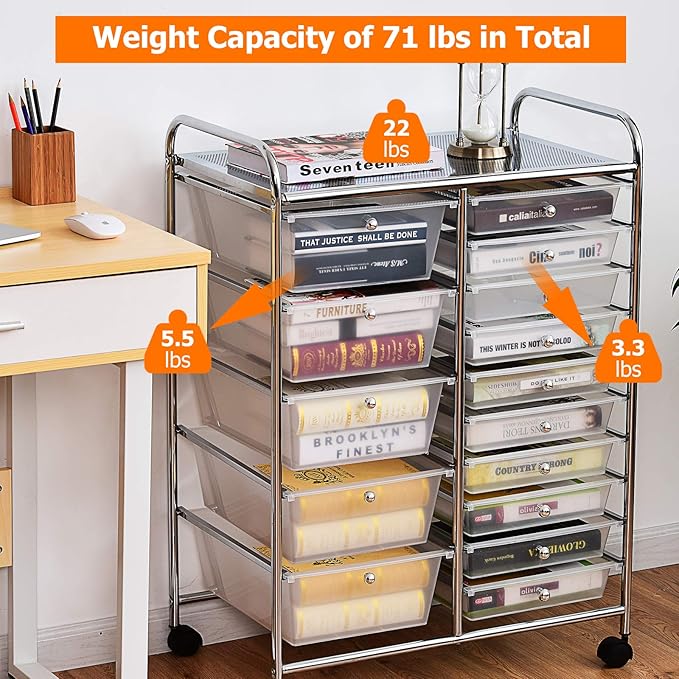 HAPPYGRILL 15-Drawer Rolling Cart, Storage Carts with Removable Drawers & Steel Frame, Utility Cart on Lockable Wheels for Home, School, Office,Clear