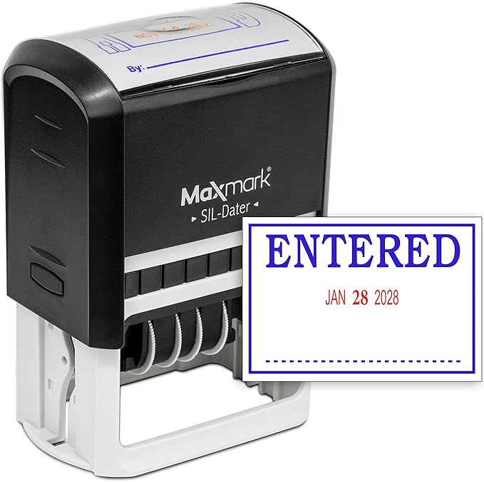 MaxMark Large Self-Inking Rubber Date Office Stamp with Entered Phrase & Date - Blue/Red Ink, 12-Year Band - Style 3