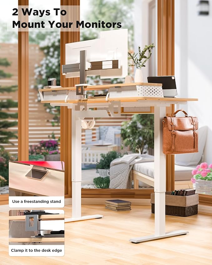 FiCiHi Electric Standing Desk with Four Drawers, Adjustable Height Sit Stand Desk, C-Clamp Compatible Home Office Desk with Storage Shelf & Monitor Stand Riser, 55 x 24 Inch, Maple