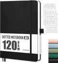 AHGXG Bullet Dotted Journal - Dot Grid Notebook Journal, 120 GSM Thick Acid-Free Paper, A5 Dotted Notebook 160 Pages, Leather Hardcover, Inner Pocket, Journal Stencil, 5.7'' × 8.3'' - Black