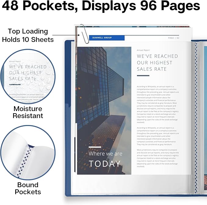 Dunwell Presentation Binder 48-Pocket, Displays 96 Pages, 8.5x11 Portfolio Binder with Plastic Sleeves, Storage and Organizer for Documents, Photos, Kids Artwork, Projects, Recipes (Blue)