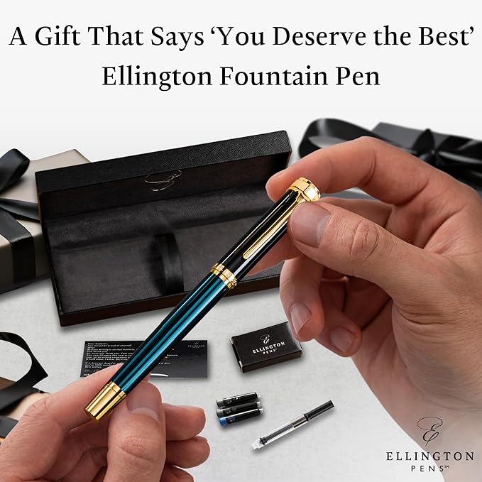 Ellington Pens Luxury Fountain Pen Set - Smooth Fine Nib - Includes 3 Ink Cartridges, Refillable Ink Converter, Gift Box -Fountain Pens For Writing, Calligraphy, Journaling, Sketching (Urban Hunter)