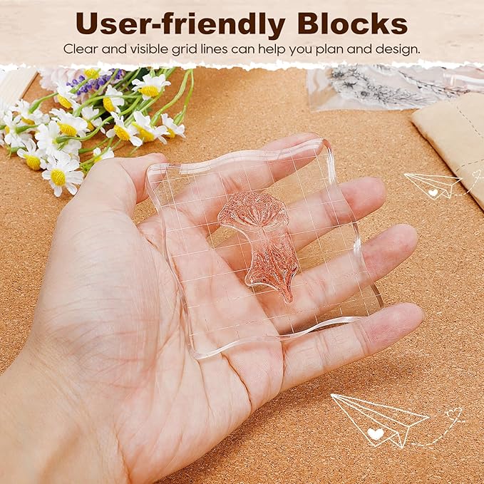 UCEC 7 Pieces Acrylic Stamp Block Assorted Sizes Clear Acrylic Mounting Blocks Set, Decorative Stamp Blocks with Grid Lines for Scrapbooking Crafts Making