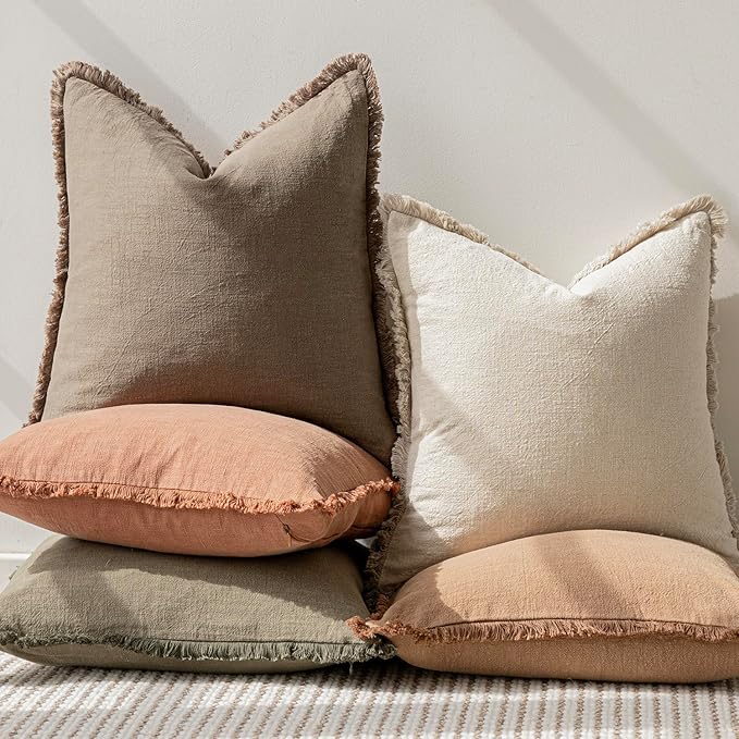 Foindtower Set of 2 Decorative Linen Fringe Throw Pillow Covers Cozy Boho Farmhouse Cushion Cover with Tassels Soft Accent Pillowcase for Couch Sofa Bed Living Room Home Decor,18×18 Inch,Light Brown