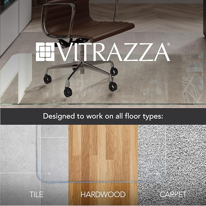 Vitrazza Glass Chair Mat 48” x 48” Superior ¼" thick, Luminoso Low-iron Ultra Clear, Certified Tempered Safety Glass, Delivers a Smooth Glide, Protects Carpet or Wood, Beautiful in Home or Office.