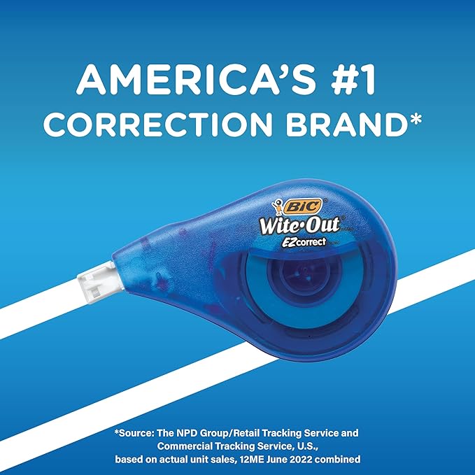 BIC Wite-Out Brand EZ Correct Correction Tape, 19.8 Feet, 4-Count Pack of White Correction Tape, Fast, Clean and Easy to Use Tear-Resistant Tape Office or School Supplies