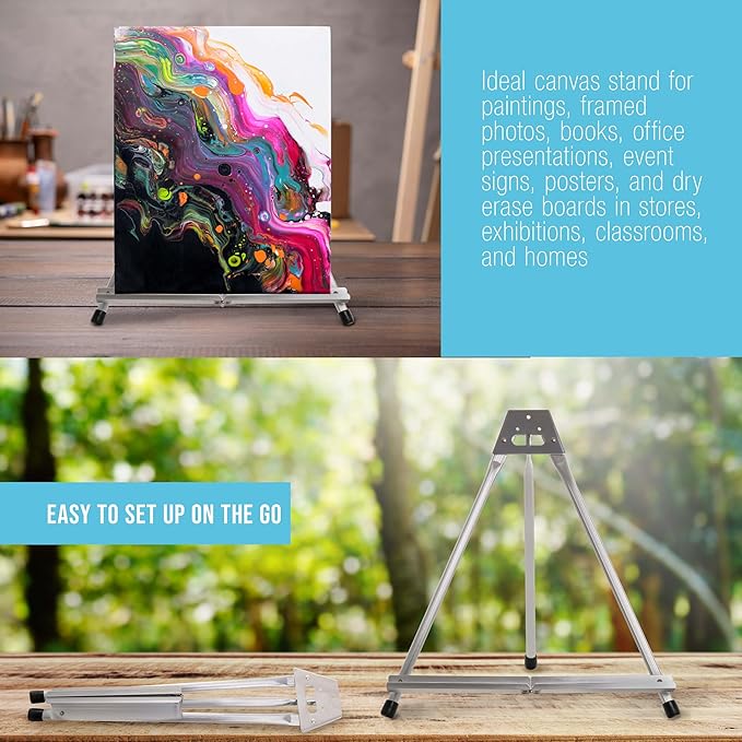 U.S. Art Supply 15" High Aluminum Tabletop Display Easel for Painting, Adjustable Folding Stand - Portable Art Easel for Displaying Canvas, Whiteboards, Posters, Signs, Pictures, Paintings