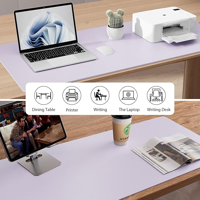 Aothia Large PU Leather Desk Pad Protector – Non-Slip Mouse Pad & Writing Mat for Office/Home, Waterproof, Easy to Clean (48" x 17", Soft Lavender)