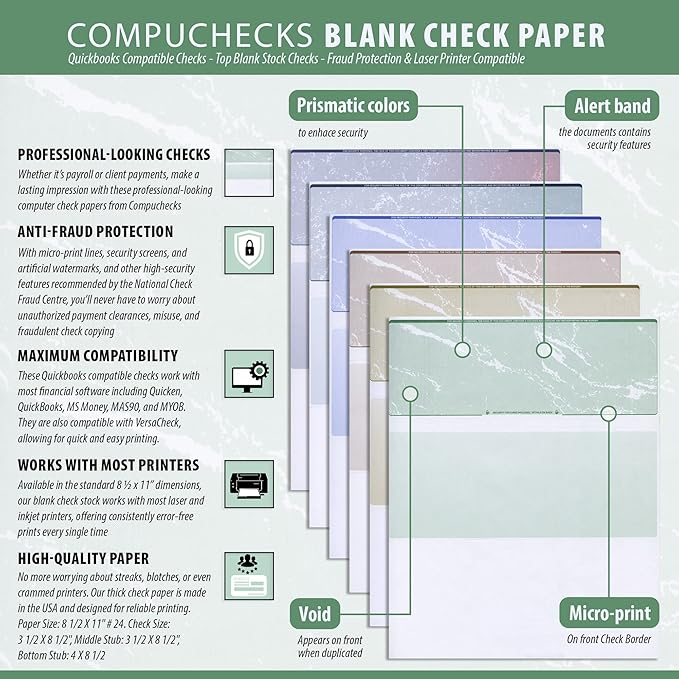 Compuchecks Check on Top Blank Check Paper - 2500 Pack, Quick-Books & Laser Printer Compatible - Security Business Checks with Voucher - 8.5" x 11" Gold Diamond