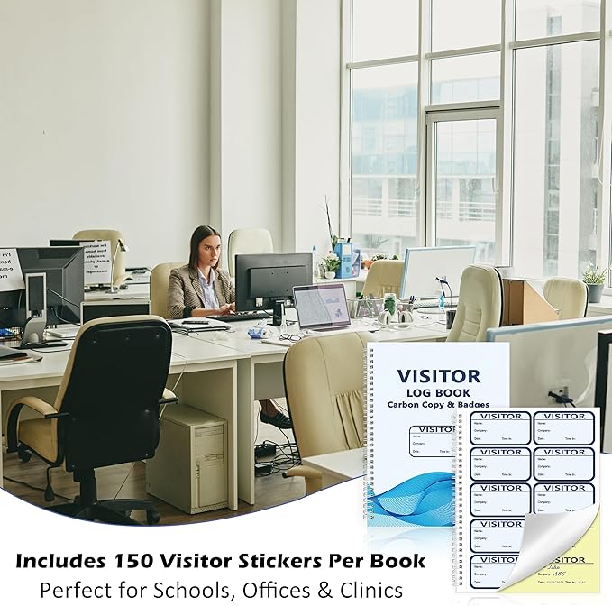 2 Pack of 300 Visitor Badges Registry Log with Carbon Copy Visitor Stickers Letter Size Visitor Log Book Extras Protecting Privacy Pages Spiral-Bound Self Visitor Badges Guest Register Book(2)