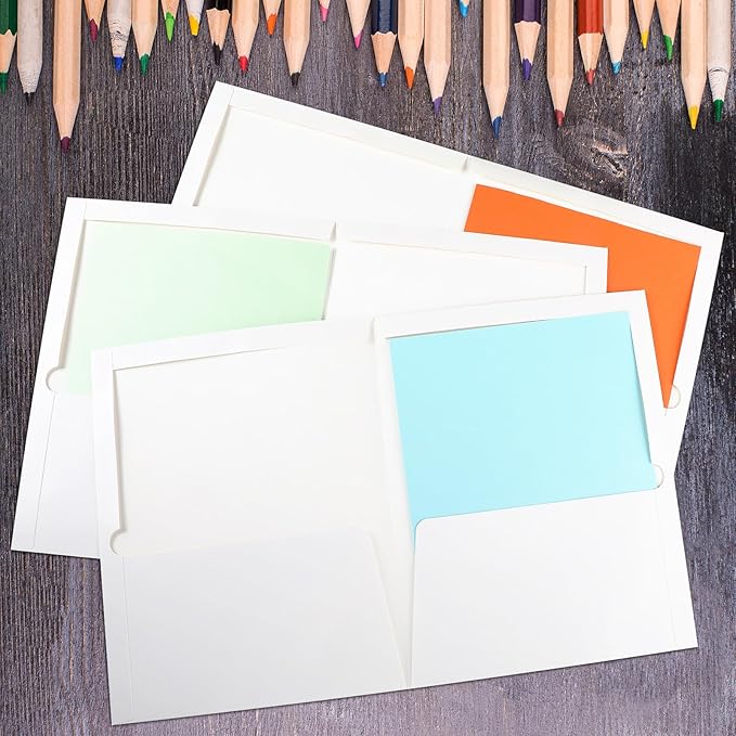 Yeaqee 100 Pack 2 Pockets Glossy Laminated Paper Folder First Day of School Presentation Folder Letter Size Two Pocket File Portfolio Holder Back to School Items Bulk for Teacher Office (White)