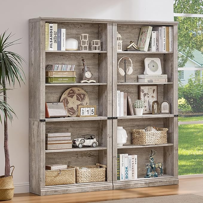RWYHG 70" Grey Tall Bookshelf Set of 4,5-Tier Thick Wooden Book Shelf with Adjustable Shelves,Free Standing Farmhouse Bookcase with Open Display Storage,Floor Vintage Bookshelves for Living Room