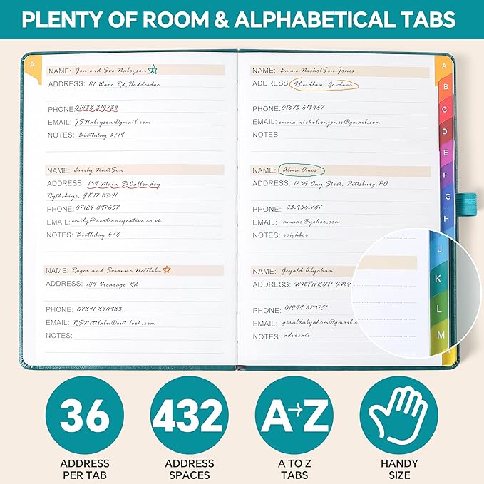Address Book with Colorful Alphabetical Tabs (8.4" x 5.7") – Hardcover Contact Organizer for Website Passwords, Telephone, Software Licenses, and Important Information – Purple