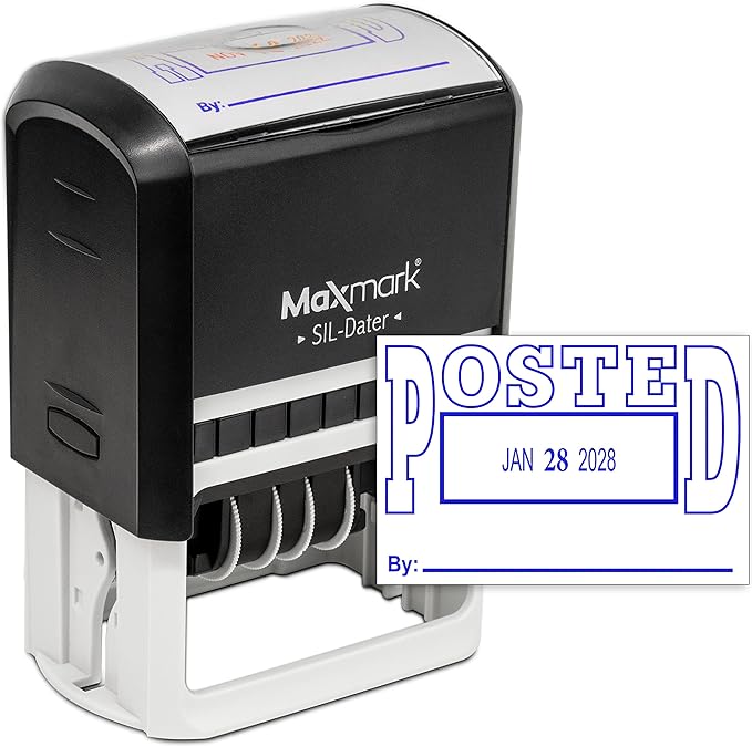 MaxMark Large Self-Inking Rubber Date Office Stamp with Posted Phrase & Date - Blue Ink, 12-Year Band - Style 5