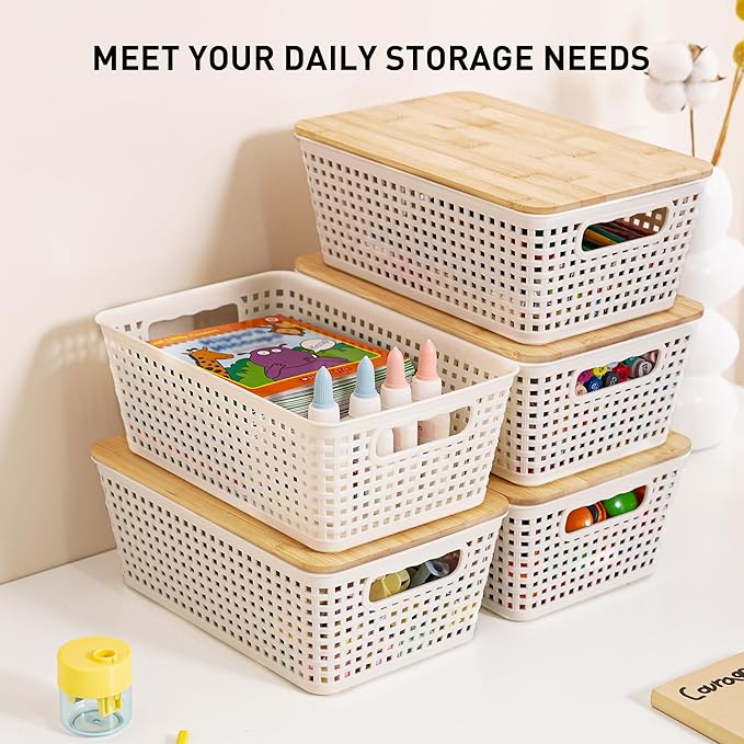 Anywish Storage Bins with Lids 10 Packs, Plastic Storage Bins with Bamboo Lids for Pantry Organization and Storage Containers for Shelves Drawers Desktop Closet Playroom Classroom Office Home, White