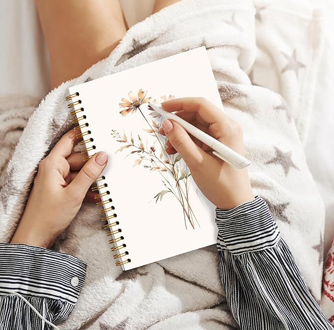 JWVK Retro Neutral Flower Spiral Notebook, Boho Floral Botanical Notebooks for Note Taking, Rustic Cottagecore Wildflower Journal for Women, Boho Office Supplies, 5.5x8.3 Inch