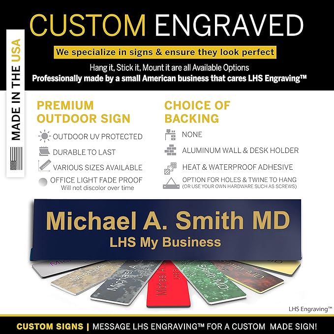 Engraved Custom Door Plate Navy Blue Plastic Office Door Sign with Gold Letters - Made in USA 2x12 B10