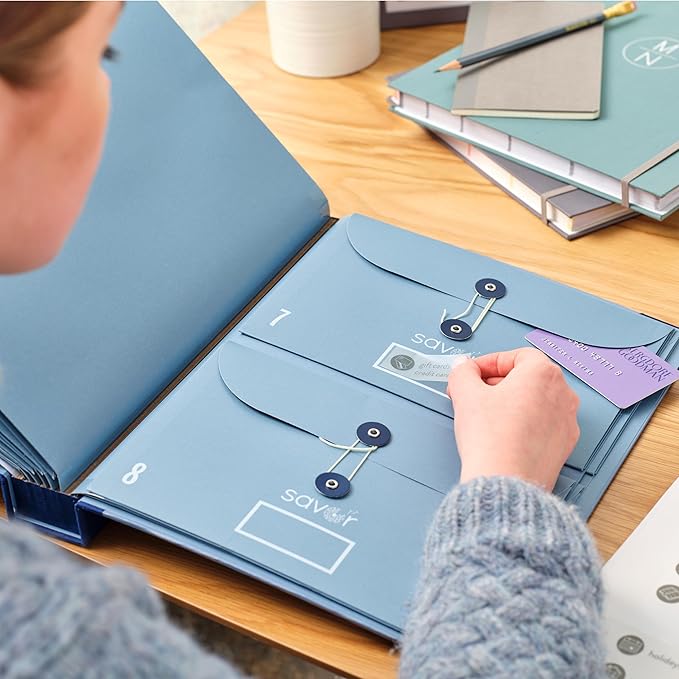 Savor | The Folio™ Document Organizer 2025 Edition | Acid-Free Custom Dyed Cloth-Bound Accordion File Organizer w/ 10 Expandable Pockets | File Folders for Home Organization & Graduation Gift (Blue)