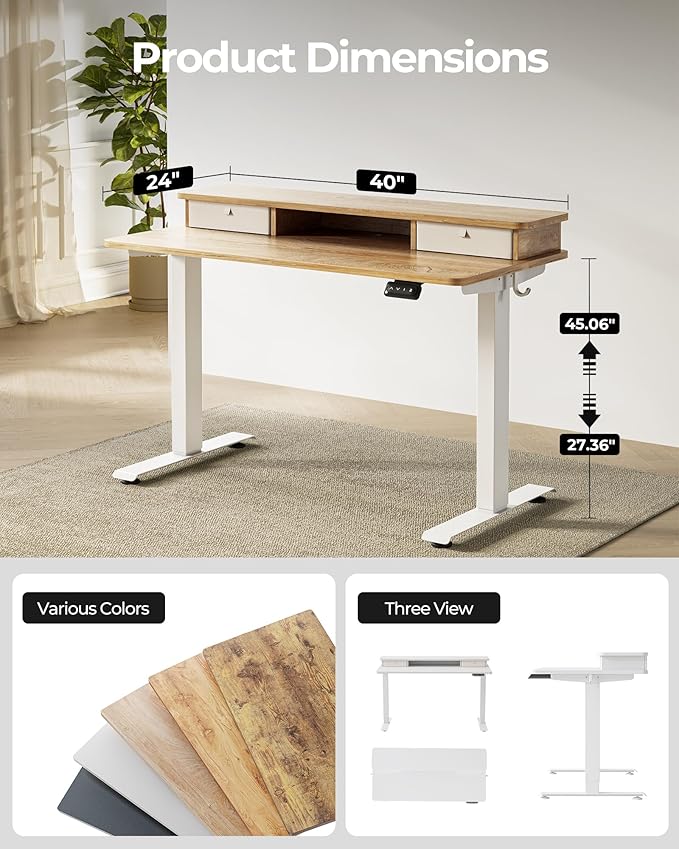 FEZIBO 40 x 24 Inch Height Adjustable Electric Standing Desk with Double Drawer, Stand up Home Office Computer Desk with 4 Height-Adjustable Feets & 2 Hooks, Maple