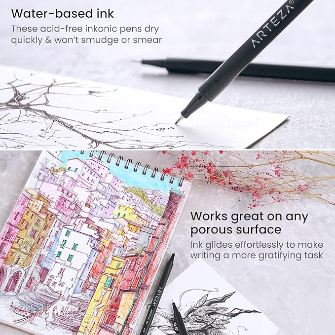 ARTEZA Inkonic Fineliners Pens, Set of 48, 0.4 mm Fine Tip Markers, Water-Based Art Pens for Drawing, Sketching, Journaling, Calligraphy