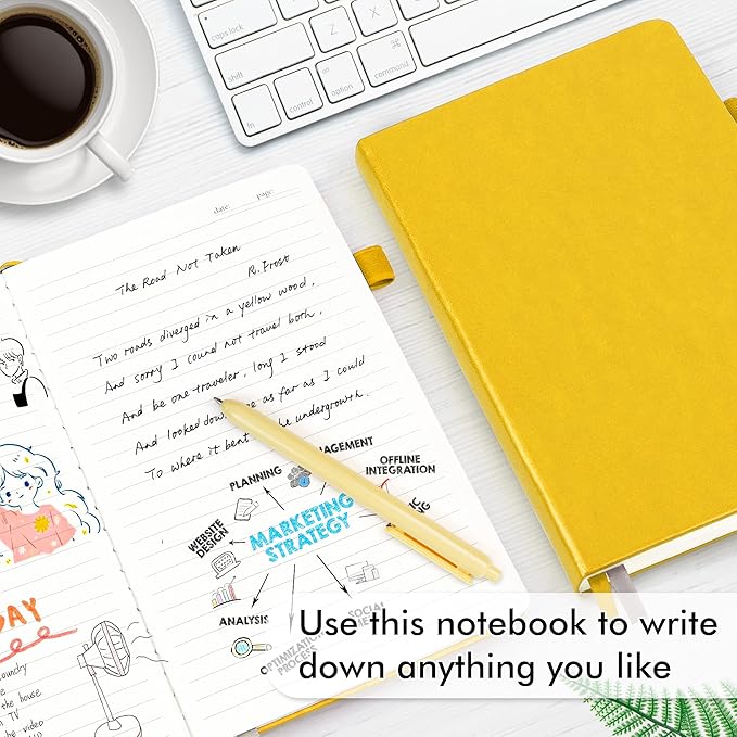 feela 8 Pack Journal Notebook Bulk for School, Hardcover Business Notebooks Classic Ruled Lined Journals with Pen Holder for Work Note Taking, with 8 Black Pens, 120 GSM, 5.1”x8.3”, A5, Yellow