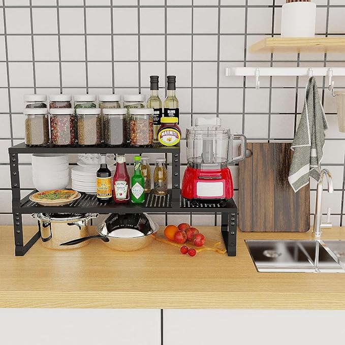 Jojocross Expandable Cabinet Shelf Organizer Storage Spice Rack Shelves for Kitchen Stackable Adjustable Pantry Cupboard Bathroom Countertop Desktop(2Packs/Black/Large-with Hole)