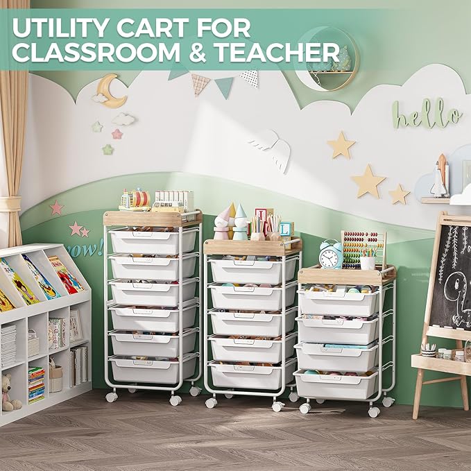 Rolling Storage Utility Cart With 6 Drawers,Art Supply Craft Organizer,Sewing Makeup Organizer And Storage,Office Organization Wooden Tabletop,White
