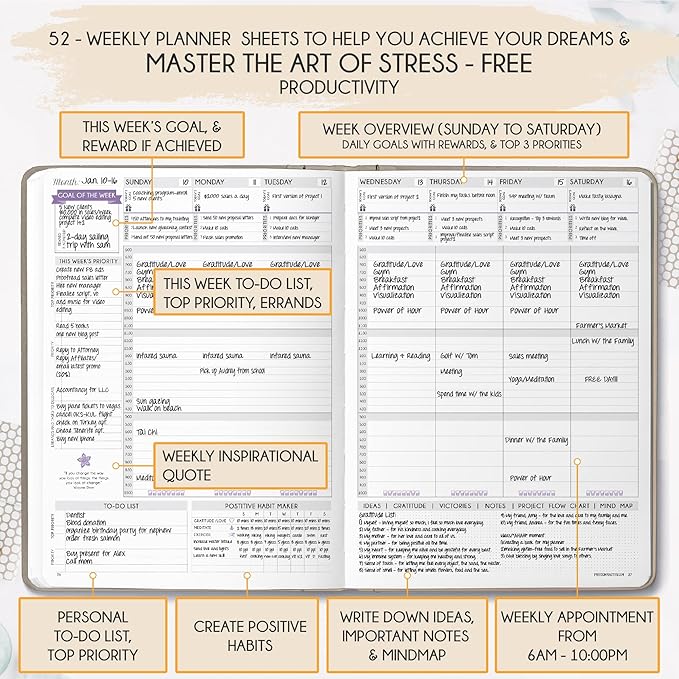 Life Planner - Undated Weekly & Monthly Planner, 12-Month Journey to Increase Productivity | Gratitude Journal, Life Organizer & Goal Journal | Include Foldable Vision Board, Habit Tracker & Stickers
