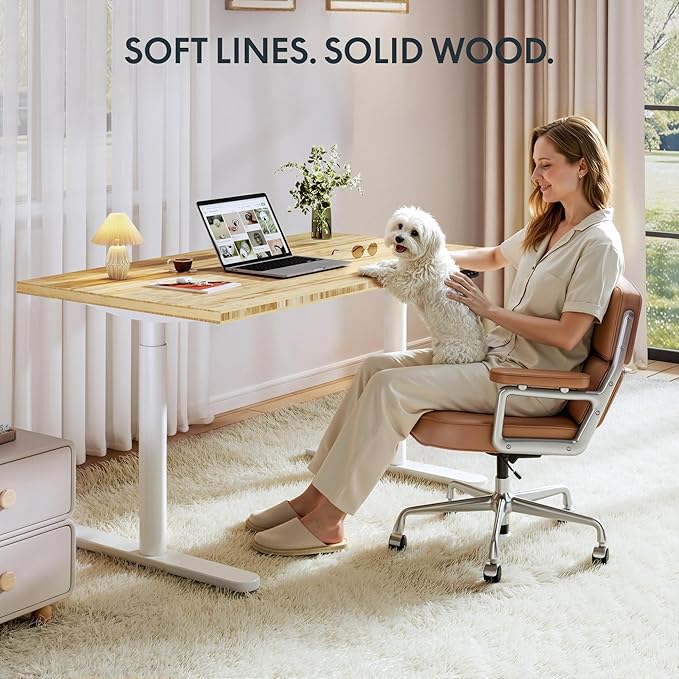FLEXISPOT Bamboo Electric Standing Desk with Elegant Oval Legs & Curved Desktop, 55"x28" Height Adjustable Desk for Home Office & Living Spaces, White Frame