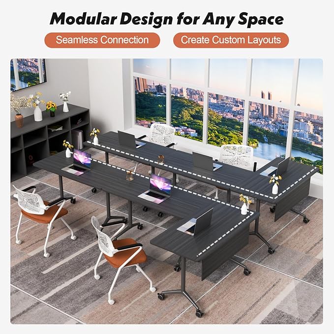 Goakwwuz Conference Room Table, Folding Conference Tables,Thicken Grey Tabletop,Flip Top Wooden Seminar Meeting Room Table for Conference Room Offices (10, BlackWoodGrain, 55.1”)
