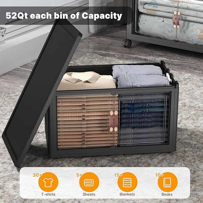 UAMFURI Extra Large Stackable Storage Bins with Lids & Wheels & Door, 156QT-52QT/13GAL*3Pack Foldable Collapsible Closet Organizers, Plastic containers drawers for bedroom Dorm