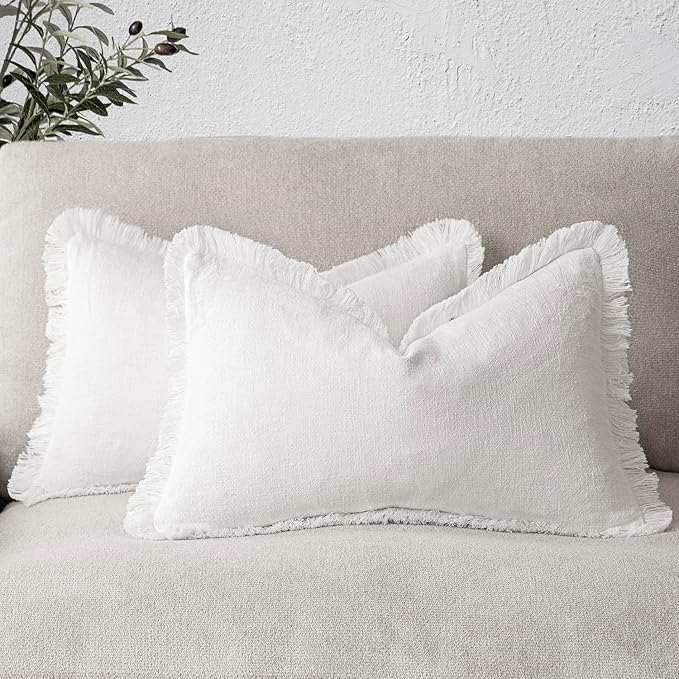 Foindtower Set of 2 Decorative Linen Fringe Throw Pillow Covers Cozy Boho Farmhouse Cushion Cover with Tassels Soft Accent Pillowcase for Couch Sofa Bed Living Room Home Decor,18×18 Inch,White