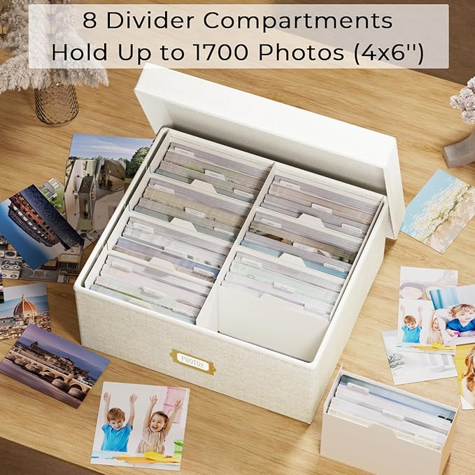 Decorative Photo Storage Box - 2 Pack Linen Photo Box Organizer with Dividers, Fits Holds Up to 1700 Pictures and 4x6 Photos, Memory Keepsake Organizer for Scrapbook Supplies, Cards, Stamps (Beige)