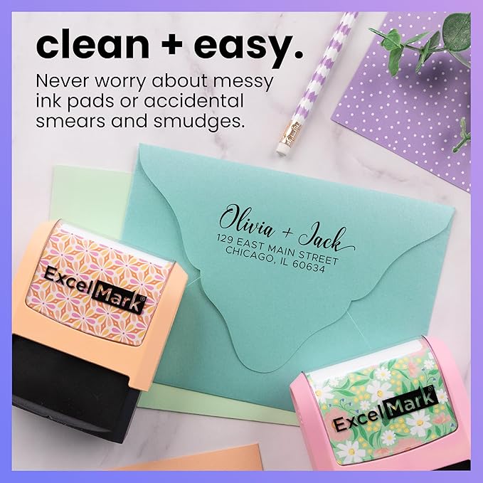ExcelMark Address Stamp - Custom Return Address Stamp with Elegant Designs, Vibrant Colors & Patterns – Perfect for Mail, Invitations & Gifts (Seafoam Mount, Signature Script)