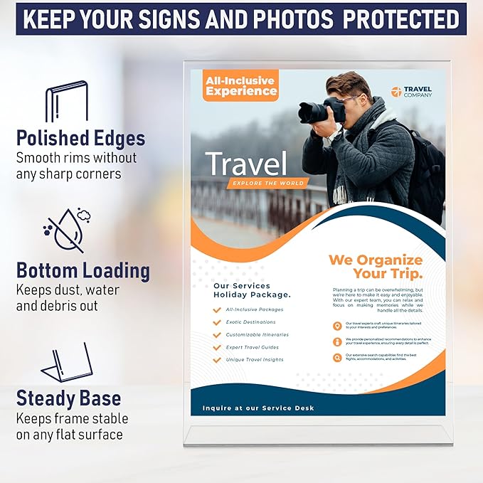 Slant Back Acrylic Sign Holder 8.5 x 11 Inches, Portrait Ad Frame and Flyer Display Stand. Menu Holder and Table Sign Display for Home, Office, Store, or Restaurant Use. Acrylic Stands for Tabletop (3 Pack)