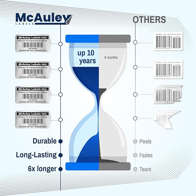 McAuley Labels Custom Asset Tags for Equipment – Numbered, Permanent, Adhesive, Metalized Silver Polyester - Barcode Label - 1.5x0.75 Inches