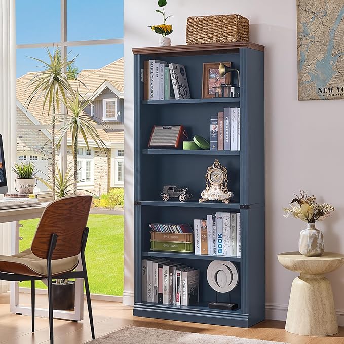 RWYHG 70" Blue Tall Bookshelf,5-Tier Thick Wooden Book Shelf with Adjustable Shelves,Free Standing Farmhouse Bookcase with Open Display Storage,Floor Vintage Bookshelves for Living Room,Office