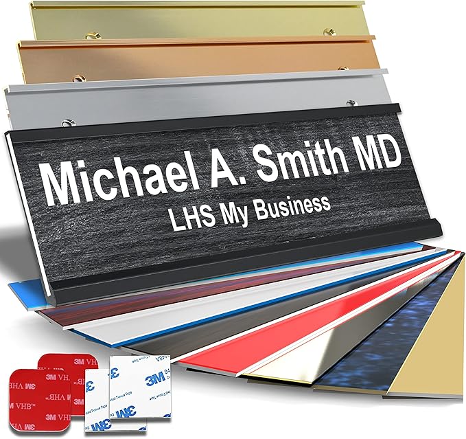Personalized Name Plate with Choice of Mounting Holders for Walls, Doors, Cubicles, Hanging and More - Custom Bloss Burlwood Plastic Gold Letters - USA Made 2x12 - N2