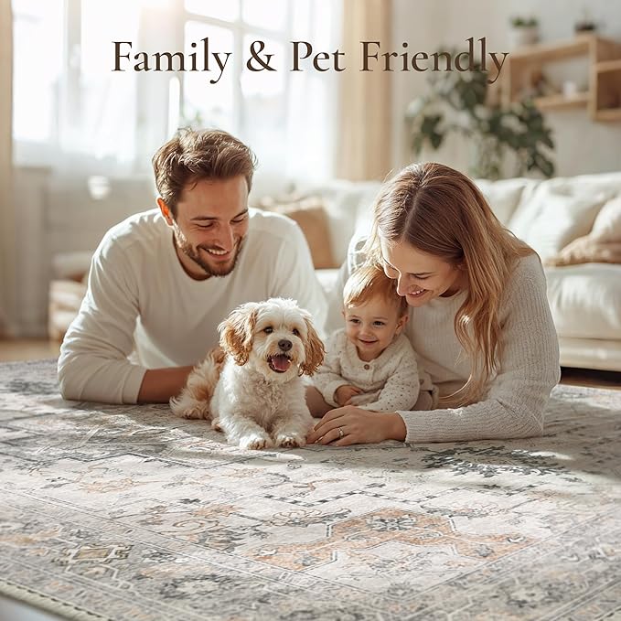 GENIMO Runner Rug 2PCs, Machine Washable Non Slip Vintage Hallway Runner Rug 17.3"x59"+17.3"x30", Low Pile Lightweight Rugs for Indoor Entryway, Hallway, Kitchen and Corridor, Light Taupe Brown