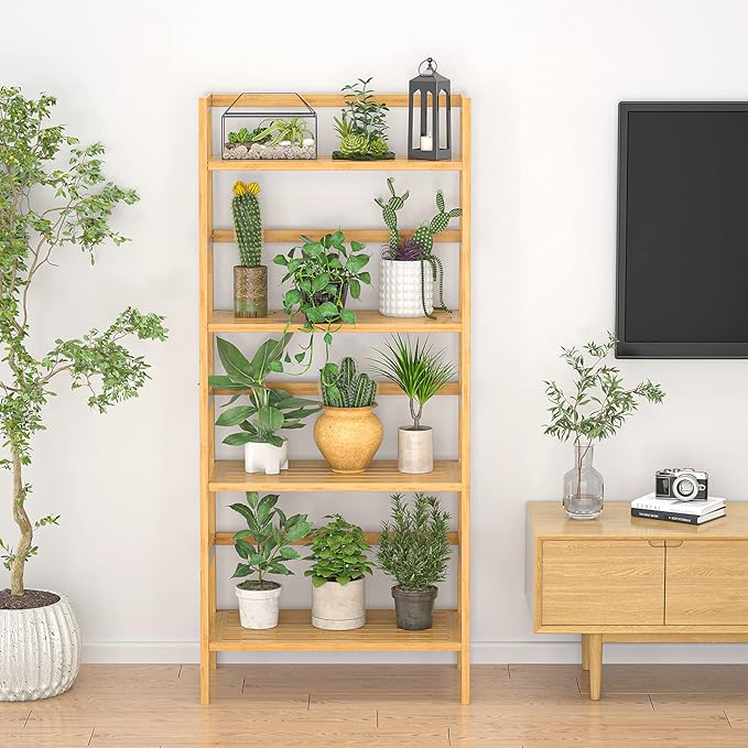 Homykic Bamboo Bookshelf 4-Tier Ladder Shelf, 49.2” Freestanding Open Bookcase Book Shelf Bathroom Storage Shelf Unit Plant Stand for Small Space, Bedroom, Living Room, Home Office, Natural