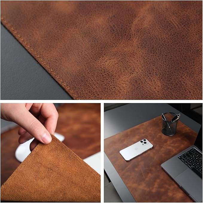 TORONATA Jersey Genuine Calfskin Leather Desk Pad, Office Desk Mat with Non-Slip Bottom, Smooth Surface for Mouse & Keyboard, Desk Protector (14.6x31.5 inches) (Antic Tan)