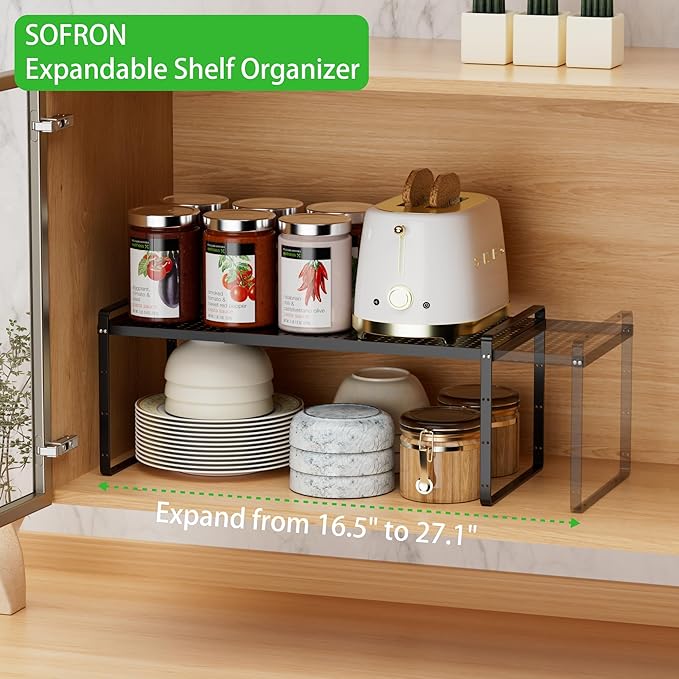 SOFRON Expandable Cabinet Storage Shelf Stackable Organizer Rack for Kitchen Bathroom Pantry Spice Cupboard Coffee Countertop Home Office Desk Heavy Duty Nonslip Black Large 1 PACK