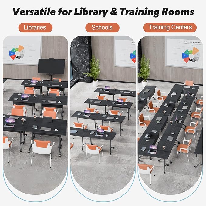 Goakwwuz Conference Room Table, Folding Conference Tables,Thicken Grey Tabletop,Flip Top Wooden Seminar Meeting Room Table for Conference Room Offices (10, BlackWoodGrain, 70.8”)