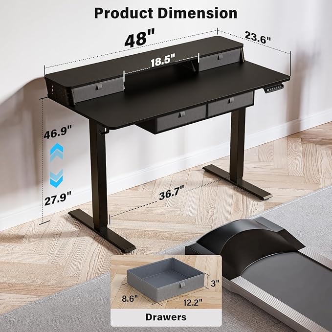 Kingant 55 x 24 Inch Electric Standing Desk with 4 Drawers, Height Adjustable Sit to Stand Computer Desk with Storage Shelf and C-Clamp Mount Compatibility for Home Office, Black