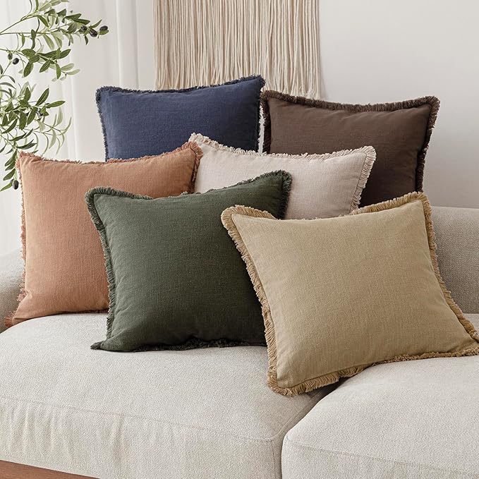 Foindtower Set of 2 Decorative Linen Fringe Lumbar Throw Pillow Covers Farmhouse Cushion Cover with Tassels Accent Pillowcase for Couch Sofa Bed Living Room Home Decor,12×20 Inch,Light Khaki Taupe